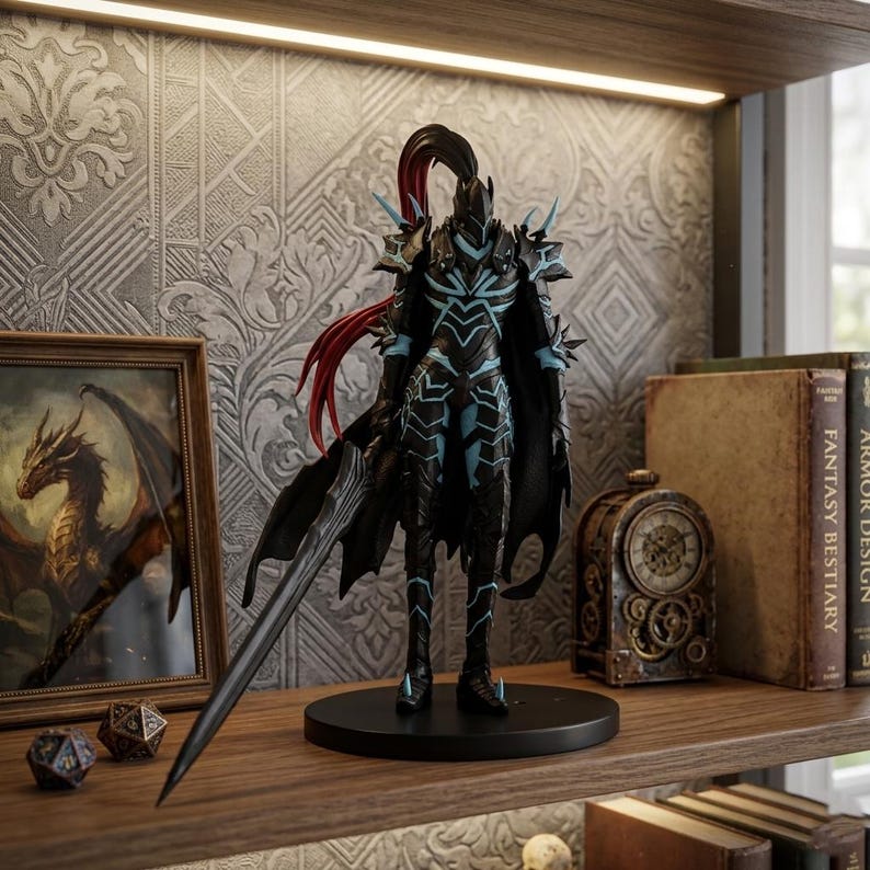 May include: A detailed figurine of a warrior in black armor with teal accents, a flowing black cape, and a long sword. The figure stands on a black base. The background includes a framed dragon painting, books, and a decorative clock, suggesting a fantasy theme.
