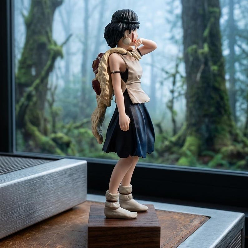 Puede incluir: Figura de una mujer con top beige, falda azul marino y botas beige, de pie sobre un bloque de madera. Tiene una mochila de piel y mira por una ventana a un bosque. La figura tiene pelo negro y lleva pendientes.