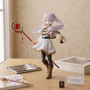 May include: A detailed figure of Frieren from "Beyond Journey's End" in a dynamic pose, holding a staff with a red orb. She wears a white dress with gold trim, a black and white striped top, and brown boots. The figure is accompanied by a box and books.
