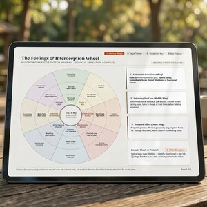 Può includere: Uno schermo di tablet che mostra The Feelings & Interception Wheel, un diagramma circolare con segmenti per la mappatura del sistema nervoso autonomo e le sensazioni somatiche, accanto a caselle di testo che descrivono stati autonomi e viscerali.