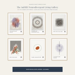 May include: A set of six framed art prints titled The AuDHD Neurodivergent Living Gallery. Each print features unique abstract designs including watercolor washes, geometric patterns, and circles, accompanied by text captions and QR codes.