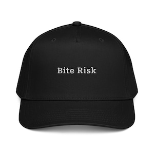 May include: A black baseball cap with a curved brim. The text "Bite Risk" is embroidered in white on the front of the cap. The cap has a structured fit and a rounded crown.