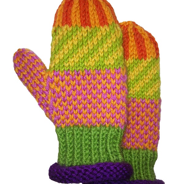 SALE Mittens-Children's-Hand knit-Icelandic design-Seamless Unique-original design-multi color-washable wool - OOAK - Ready to Ship