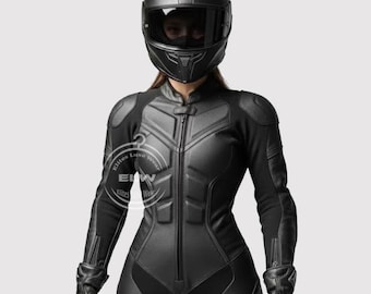 Women's Black Leather Motorcycle Racing Suit | Handmade Custom Biker Track Gear