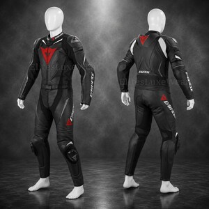 May include: Black and red motorcycle racing suit with white detailing. The suit has a red triangle logo on the chest and leg, with the brand name in white on the sleeves. The suit is displayed on a mannequin.
