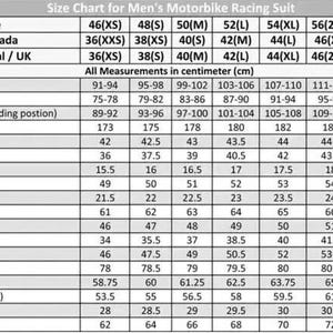 May include: A size chart for men's motorbike racing suits, with measurements in centimetres. The chart provides sizes from 46(XS) to 60(4XL), detailing chest, waist, hip, length, and other dimensions for Europe, USA/Canada, and International/UK.