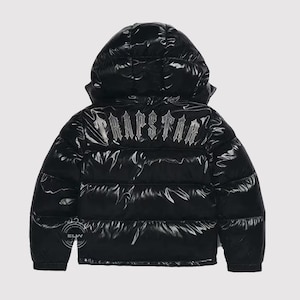 Trapstar Irongate Kugeljacke - Schwarzer glänzender Wintermantel mit abnehmbarer Kapuze