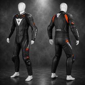 May include: Black and orange motorcycle racing suit with white detailing. The suit has a white logo on the chest and the word "DAINESE" in white on the sleeves and legs. Designed for protection and speed, it's a one-piece suit.