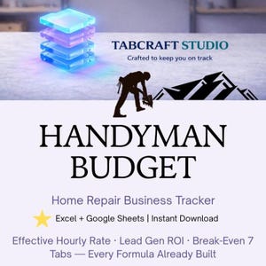 May include: A promotional image for Tabcraft Studio's Handyman Budget, a home repair business tracker. The image features a stack of glowing, transparent squares, a silhouette of a handyman, and the product title. Text includes "Excel + Google Sheets | Instant Download."