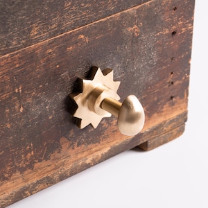 May include: A brass wall hook with a star-shaped backplate and a rounded, egg-shaped knob, mounted onto a dark, weathered wooden surface with visible grain and distressed brown textures.
