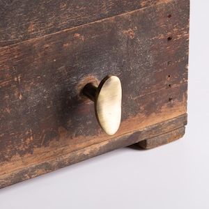 Può includere: Primo piano di una scatola di legno invecchiato con una maniglia ovale color ottone. Il legno ha un aspetto usurato con venature e imperfezioni visibili. La maniglia è montata sulla parte anteriore.
