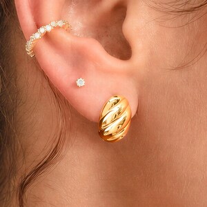 Peut inclure: Une boucle d'oreille en or avec une rangée de petites pierres claires, une minuscule puce d'oreille dorée avec une pierre claire, et une boucle d'oreille ovale dorée plus grande avec une texture côtelée au lobe.
