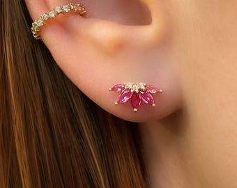 花柄ジルコニウムイヤリング - 18金メッキ