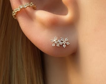 Stud earring - floral motif - Zirconium - 18k gold plated