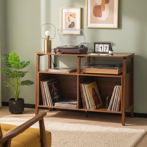 May include: A wooden record player stand with a turntable, records, and a decorative lamp. The stand has multiple shelves filled with vinyl records. A green plant in a black pot is to the left of the stand.