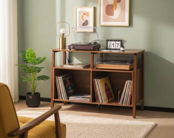 Mid-Century Record Player Stand with Vinyl Storage Cabinet