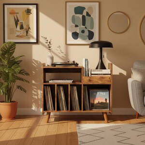 May include: A mid-century modern record player stand with a built-in storage cabinet. The stand is made of wood and has a turntable on top, with vinyl records stored below. A black lamp and framed art pieces are visible.