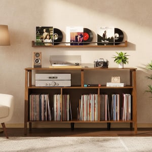 May include: A wooden record storage cabinet with a collection of vinyl records. The cabinet has open shelves and a top shelf displaying records and a turntable. A speaker, camera, and small plant are also visible.