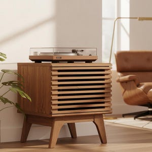 May include: A wooden record player cabinet with a turntable on top. The cabinet has a slatted front design and angled legs. A leather armchair and a potted plant are in the background.