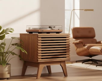 Mid Century Modern Walnut Vinyl Record Storage Cabinet, Turntable Stand LP Shelf