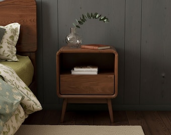 Solid Wood Nightstand with Drawer and Open Shelf, Small Bedside Table, Mid Century Modern End Table, Bedroom Storage Side Table