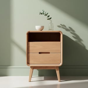 Solid Wood Nightstand Set of 2 with Drawers and Open Shelf, Mid Century Modern Bedside Table, Wooden End Table, Bedroom Storage