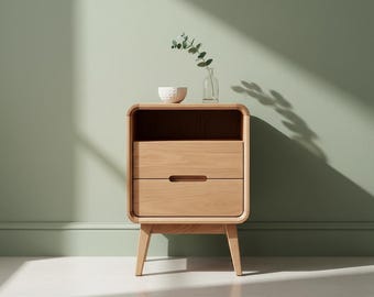 Solid Wood Nightstand Set of 2 with Drawers and Open Shelf, Mid Century Modern Bedside Table, Wooden End Table, Bedroom Storage