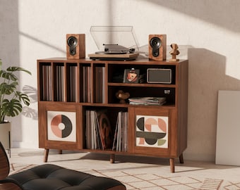 Record Player Stand with Storage, Sliding Doors, Charging Station, Vinyl Cabinet