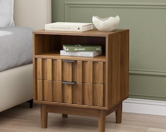Fluted Nightstand with Drawers, Mid Century Bedside Table, Wooden Side Table with Storage Shelf, Modern Bedroom End Table Furniture