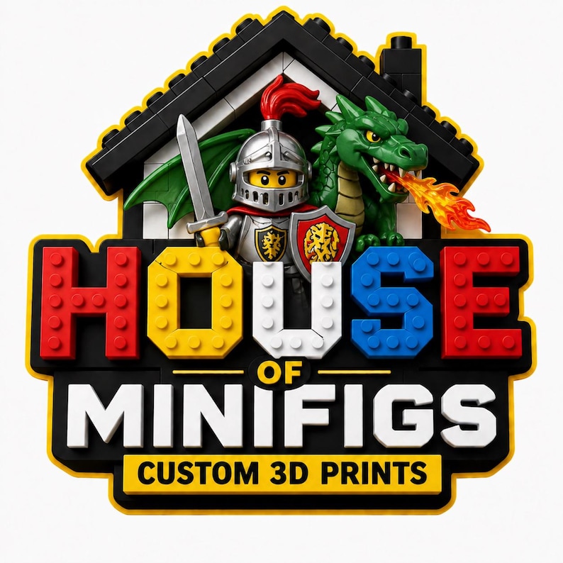 May include: A colorful sign featuring a knight, a green dragon, and the text "HOUSE OF MINIFIGS CUSTOM 3D PRINTS". The sign has a black roof and a yellow border, with the words in red, yellow, white, and blue.