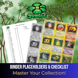 Könnte beinhalten: Eine Jungle Master Set Checkliste und Ordner-Platzhalter mit verschiedenen Sammelkarten, darunter Clefable, Electrode, Flareon, Jolteon, Kangaskhan, Mr. Mime, Nidoqueen, Pidgeot und Pinsir, bestehend aus einer gedruckten Liste und Kartenbildern.