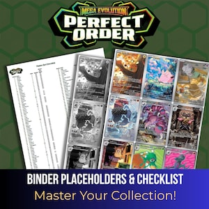 May include: A collection of trading card binder placeholders and a Master Set Checklist. The top logo reads Mega Evolution Perfect Order. The checklist features a list of names and checkboxes. The placeholders display various colourful character cards.