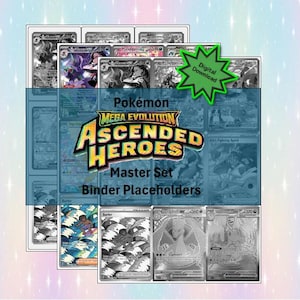 Peut inclure: Ensemble de cartes à collectionner Pokémon, avec le Master Set "Mega Evolution Ascended Heroes". Les cartes sont présentées dans un classeur, avec un graphique "Téléchargement numérique". Les cartes présentent diverses illustrations de personnages.