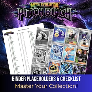 May include: A Mega Evolution Pitch Black master set checklist and binder placeholder cards. The collection includes various trading cards featuring characters and items like Energy Switch, Iron Defender, and Tremendous Bomb, all organized on a white sheet.