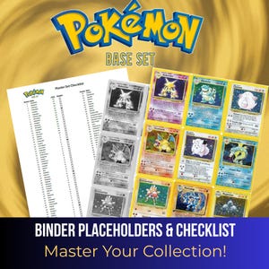 May include: A Pokemon Base Set collection kit featuring a white Master Set Checklist paper and a set of trading card binder placeholders. The display includes black and white card images and colourful trading cards like Alakazam and Charizard.