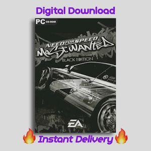 Op de afbeelding: Een zwart-witte PC CD-ROM game case voor Need for Speed: Most Wanted - Black Edition. De cover toont een auto en tekst in graffiti-stijl. De woorden "Digitale download" en "Directe levering" worden weergegeven.