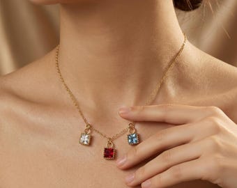 Brass Square Birthstone Necklace, Dainty Brass Charm Necklace with Colorful Crystal Stones, Minimalist Brass Jewelry Gift for Women