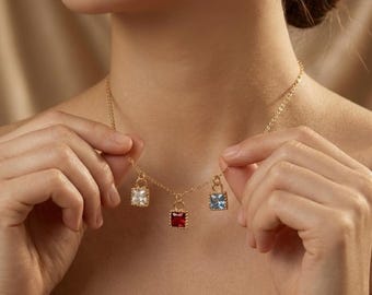 Brass Colorful Square Birthstone Necklace, Dainty Brass Crystal Charm Necklace, Minimalist Brass Jewelry Gift Necklace