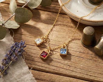 Brass Square Birthstone Charm Necklace, Minimalist Brass Crystal Necklace, Dainty Brass Layering Jewelry Gift for Women