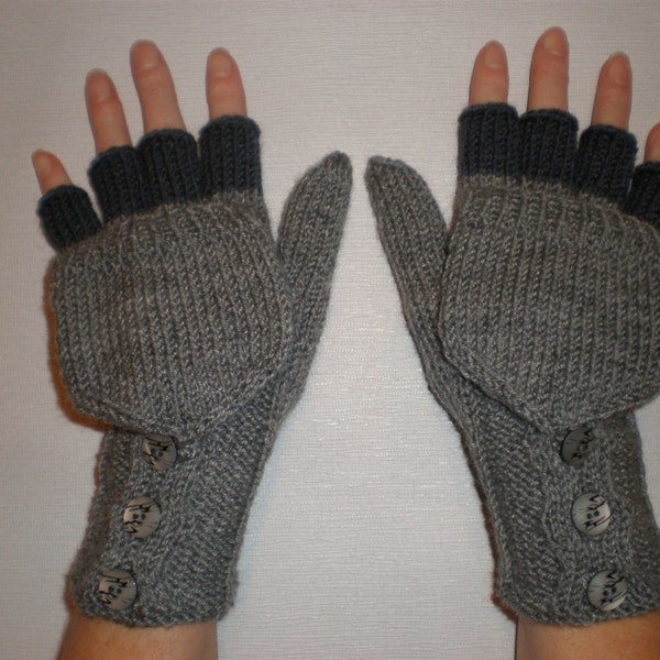 Hand-knitted grey color women convertible fingerless gloves/wrist warmers to mittens with buttons