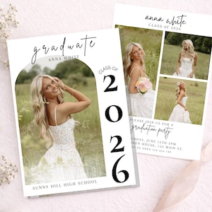 May include: Graduation announcement featuring a photo of a woman in a white dress. The card includes the text "graduate," the name "Anna White," and "Class of 2026." Additional text invites guests to a graduation party.