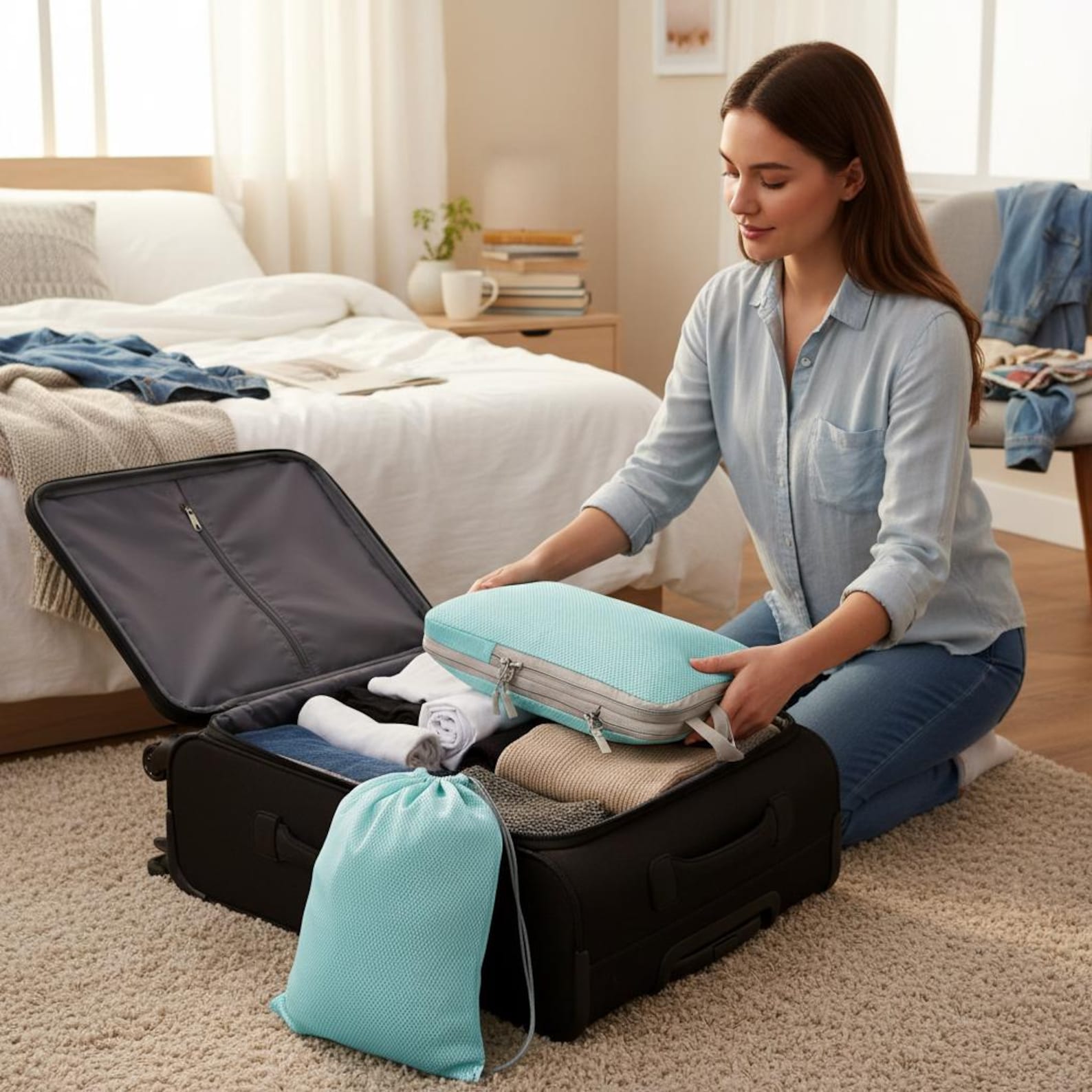Packing Bed 6 Piece Compression Packing Cubes, Space Saving Luggage Organizer ...