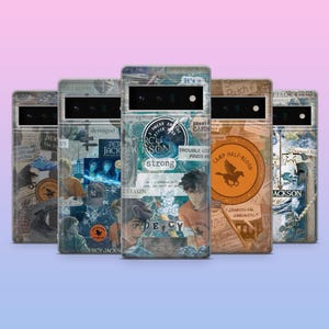 May include: A set of phone cases with a collage design inspired by the Percy Jackson book series. The cases feature images and text, including "Percy Jackson" and "Camp Half-Blood", in shades of blue, orange, and brown. The cases are designed for a mobile phone.