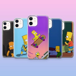 May include: A selection of phone cases showcasing Bart Simpson from The Simpsons. The cases feature Bart in different scenarios, such as skateboarding, set against vibrant backgrounds. The cases are made of clear plastic.