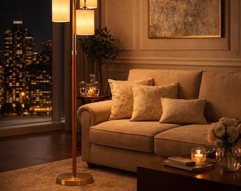 Modern Brass 3-Light Floor Lamp, Mid-Century Wooden Pole Lighting