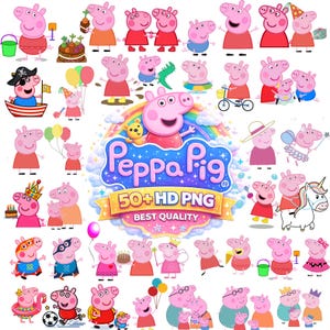 Può includere: Una collezione di illustrazioni del personaggio Peppa Pig in varie pose e abiti. Alcuni personaggi tengono in mano palloncini, indossano corone o vanno in bicicletta. L'immagine include il testo "Peppa Pig" e "50+ HD PNG BEST QUALITY".