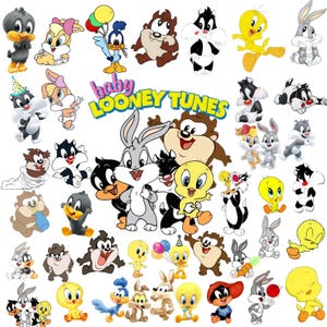Puede incluir: Una colección de imágenes de personajes de dibujos animados coloridos de la serie Baby Looney Tunes. Los personajes incluyen Bugs Bunny, Pato Lucas, Piolín y otros. Las palabras "Baby Looney Tunes" están en el centro de la imagen.