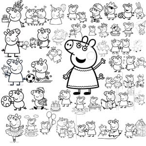 Può includere: Disegno a tratto in bianco e nero di un personaggio di maiale dei cartoni animati in varie pose e scenari. L'immagine include il personaggio principale e altri personaggi con accessori come corone, cappelli e palloncini. Lo stile è semplice e adatto per la colorazione.