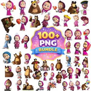 Könnte beinhalten: Eine Sammlung von Cartoon-Bildern mit einem Mädchen in einem rosa Kleid und Kopftuch sowie einem braunen Bären. Die Bilder sind in verschiedenen Posen und Umgebungen, mit dem Text "100+ PNG BUNDLE" in der Mitte.