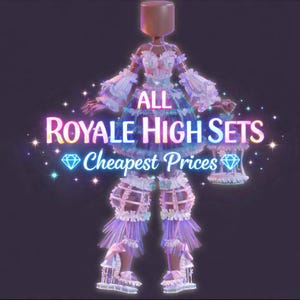 Puede incluir: Ilustración digital de un personaje con un atuendo de fantasía. El atuendo es principalmente blanco y lavanda, con detalles intrincados y un diseño en capas. El texto en la imagen dice "ALL ROYALE HIGH SETS Cheapest Prices."